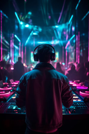 DJ player audio mixing electronic music in a nightclub party Created with Generative AI technology.の素材