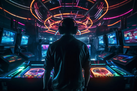 DJ player audio mixing electronic music in a nightclub party Created with Generative AI technology.の素材