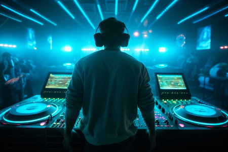 DJ player audio mixing electronic music in a nightclub party Created with Generative AI technology.の素材