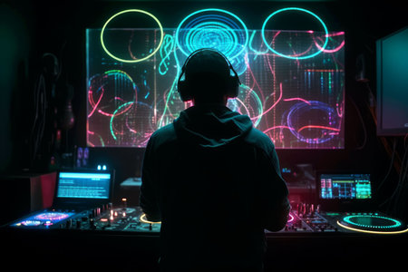 DJ player audio mixing electronic music in a nightclub party Created with Generative AI technology.の素材