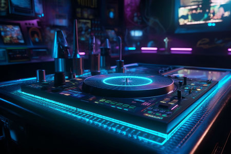 DJ audio mixer controller of electronic music in a nightclub Created with Generative AI technology.の素材
