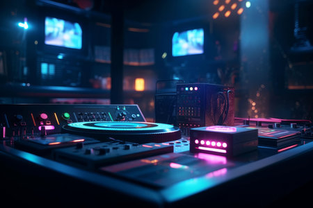 DJ audio mixer controller of electronic music in a nightclub Created with Generative AI technology.の素材