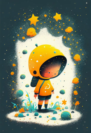 Cover book of kid standing on universe with cute little stars Created with Generative AI technology.の素材
