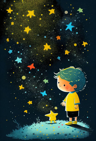 Cover book of kid standing on universe with cute little stars Created with Generative AI technology.の素材