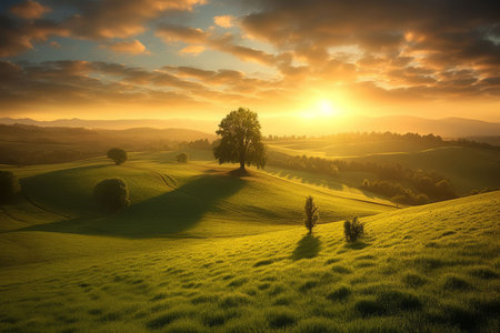 Beautiful landscape countryside with green meadow on the hill Created with Generative AI technology.の素材