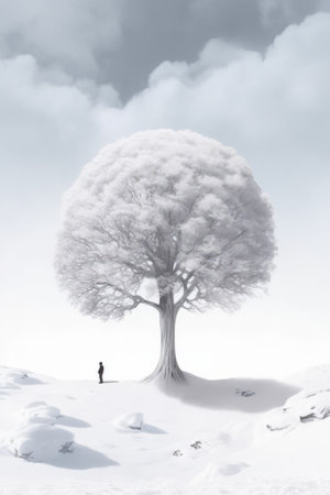 Illustration beautiful landscape of big tree and snow winter Created with Generative AI technology.の素材