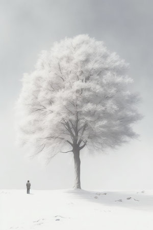 Illustration beautiful landscape of big tree and snow winter Created with Generative AI technology.の素材