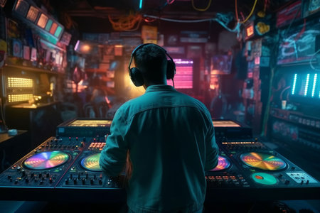 DJ player audio mixing electronic music in a nightclub party Created with Generative AI technology.の素材
