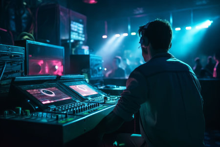 DJ player audio mixing electronic music in a nightclub party Created with Generative AI technology.の素材