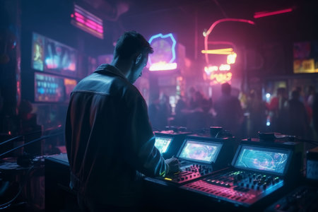 DJ player audio mixing electronic music in a nightclub party Created with Generative AI technology.の素材