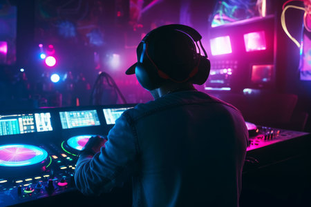 DJ player audio mixing electronic music in a nightclub party Created with Generative AI technology.の素材