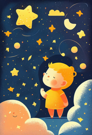Cover book of kid standing on universe with cute little stars Created with Generative AI technology.の素材