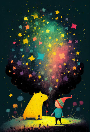 Cover book of kid standing on universe with cute little stars Created with Generative AI technology.の素材