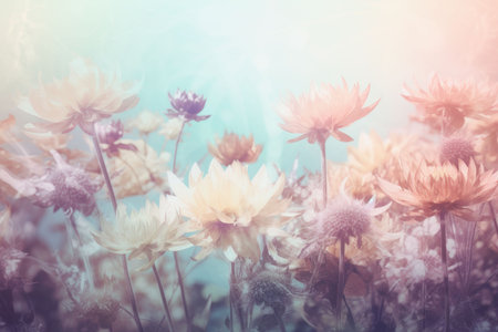 Field colorful blooming flower in pastel color for background Created with Generative AI technology.の素材