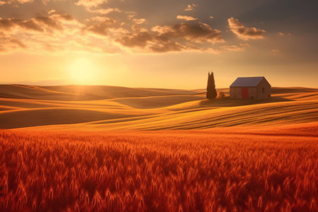 Beautiful landscape countryside with green meadow on the hill Created with Generative AI technology.の素材