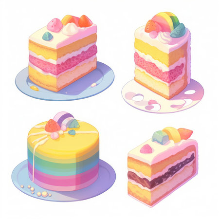 Illustration cute piece of cake set and dessert pastel color Created with Generative AI technology.の素材