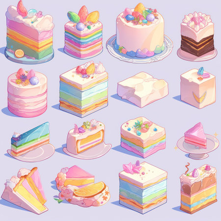 Illustration cute piece of cake set and dessert pastel color Created with Generative AI technology.の素材