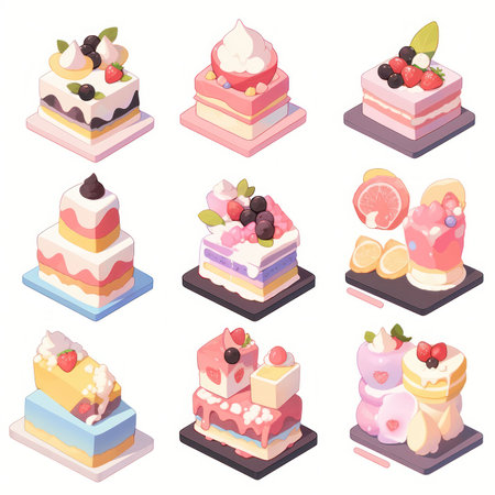 Illustration cute piece of cake set and dessert pastel color Created with Generative AI technology.の素材