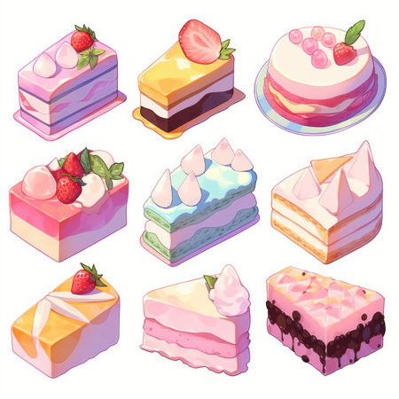 Illustration cute piece of cake set and dessert pastel color Created with Generative AI technology.の素材