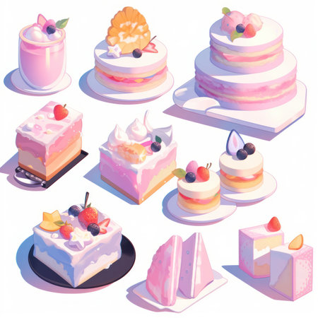 Illustration cute piece of cake set and dessert pastel color Created with Generative AI technology.の素材
