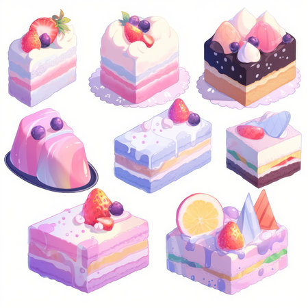 Illustration cute piece of cake set and dessert pastel color Created with Generative AI technology.の素材