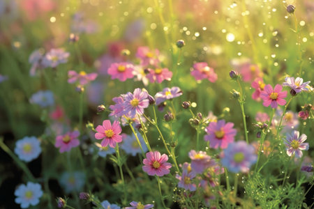 Field of colorful blooming cosmos flower in spring on morning Created with Generative AI technology.の素材