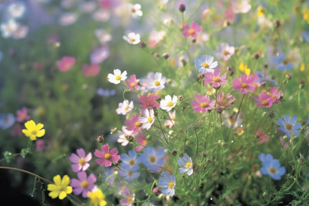 Field of colorful blooming cosmos flower in spring on morning Created with Generative AI technology.の素材