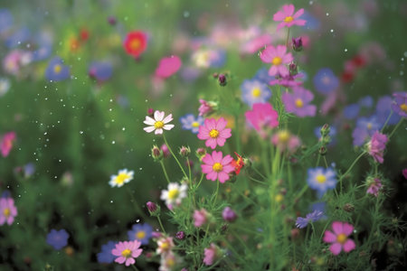Field of colorful blooming cosmos flower in spring on morning Created with Generative AI technology.の素材