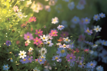 Field of colorful blooming cosmos flower in spring on morning Created with Generative AI technology.の素材