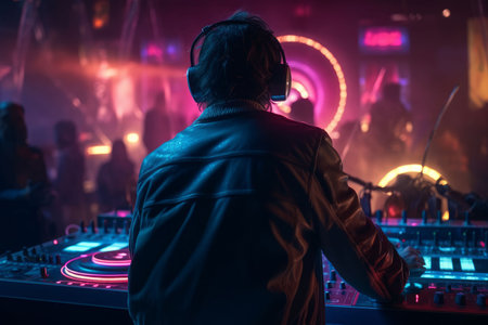 DJ player audio mixing electronic music in a nightclub party Created with Generative AI technology.の素材
