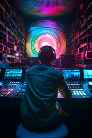 DJ player audio mixing electronic music in a nightclub party Created with Generative AI technology.の素材