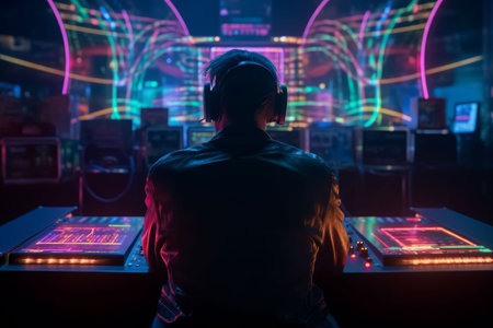 DJ player audio mixing electronic music in a nightclub party Created with Generative AI technology.の素材