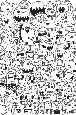 Illustration of coloring book doodle crowd cute alien monster Created with Generative AI technology.の素材