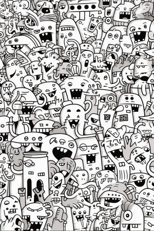 Illustration of coloring book doodle crowd cute alien monster Created with Generative AI technology.の素材