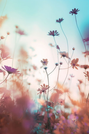 Field colorful blooming flower in pastel color for background Created with Generative AI technology.の素材