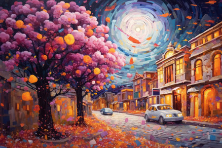 Illustration of beautiful city at night by mosaic paint style Created with Generative AI technology.の素材