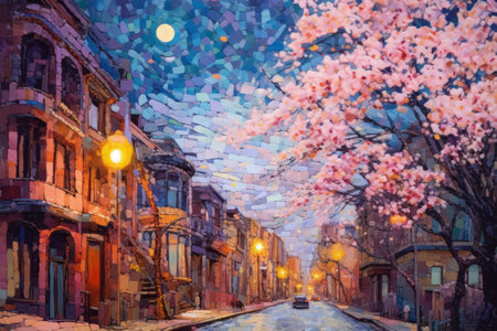Illustration of beautiful city at night by mosaic paint style Created with Generative AI technology.の素材