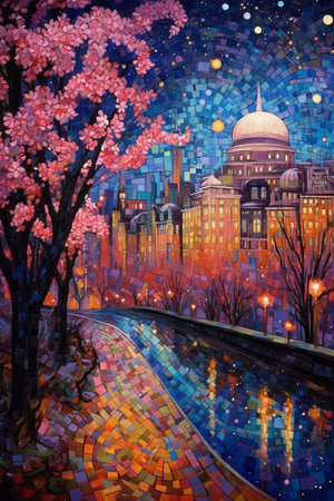 Illustration of beautiful city at night by mosaic paint style Created with Generative AI technology.の素材