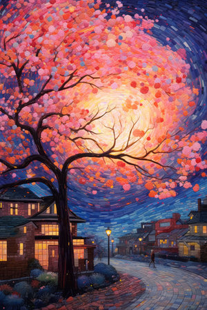 Illustration of beautiful city at night by mosaic paint style Created with Generative AI technology.の素材