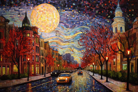 Illustration of beautiful city at night by mosaic paint style Created with Generative AI technology.の素材