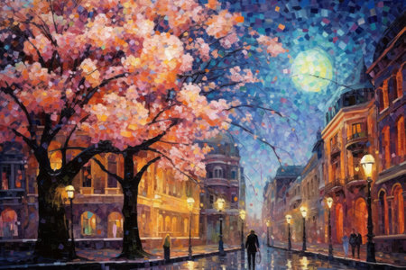 Illustration of beautiful city at night by mosaic paint style Created with Generative AI technology.の素材