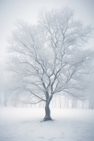 Illustration beautiful landscape of big tree and snow winter Created with Generative AI technology.の素材