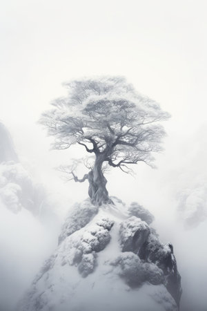 Illustration beautiful landscape of big tree and snow winter Created with Generative AI technology.の素材