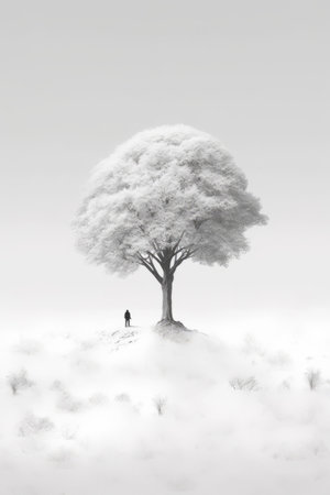 Illustration beautiful landscape of big tree and snow winter Created with Generative AI technology.の素材