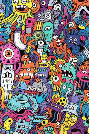 Illustration of colorful doodle crowd cute alien and monster Created with Generative AI technology.の素材