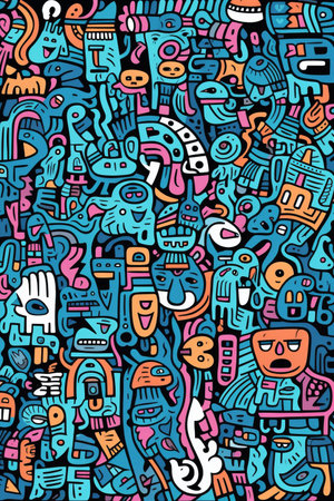 Illustration of colorful doodle crowd cute alien and monster Created with Generative AI technology.の素材