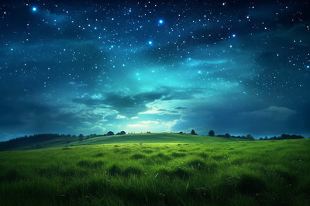 Green meadow and tree on hills at stars night sky background Created with Generative AI technology.の素材