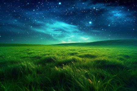 Green meadow and tree on hills at stars night sky background Created with Generative AI technology.の素材