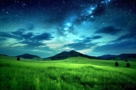 Green meadow and tree on hills at stars night sky background Created with Generative AI technology.の素材