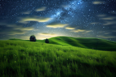 Green meadow and tree on hills at stars night sky background Created with Generative AI technology.の素材